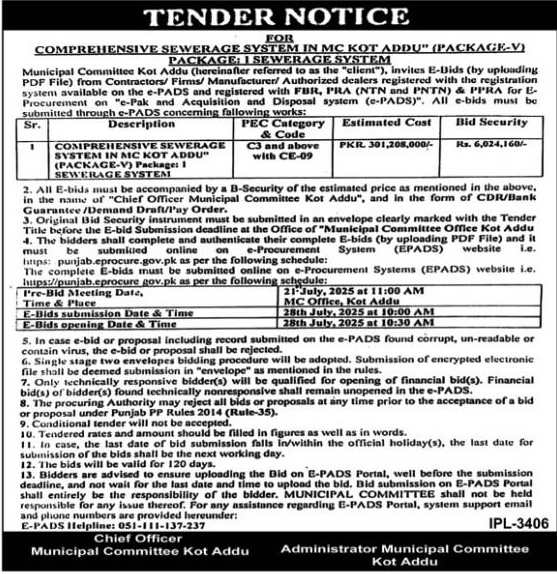 Municipal Comittee Kot Addu Tender Notice